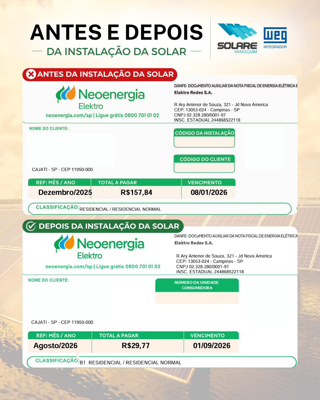 Conta de luz antes e depois da instalação solar: de R$157,84 para R$29,77