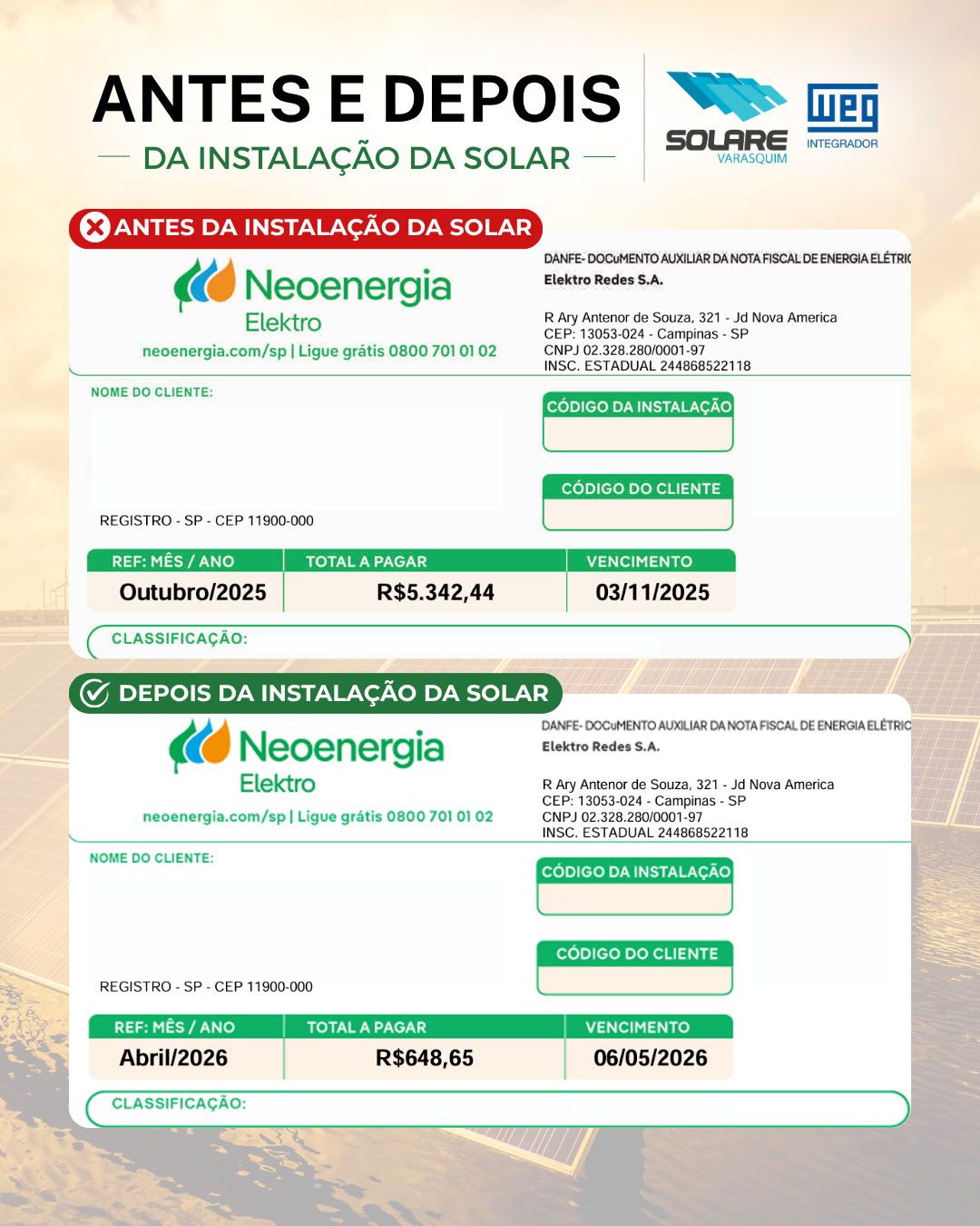 Conta de luz antes e depois da instalação solar: de R$5.342,44 para R$648,65