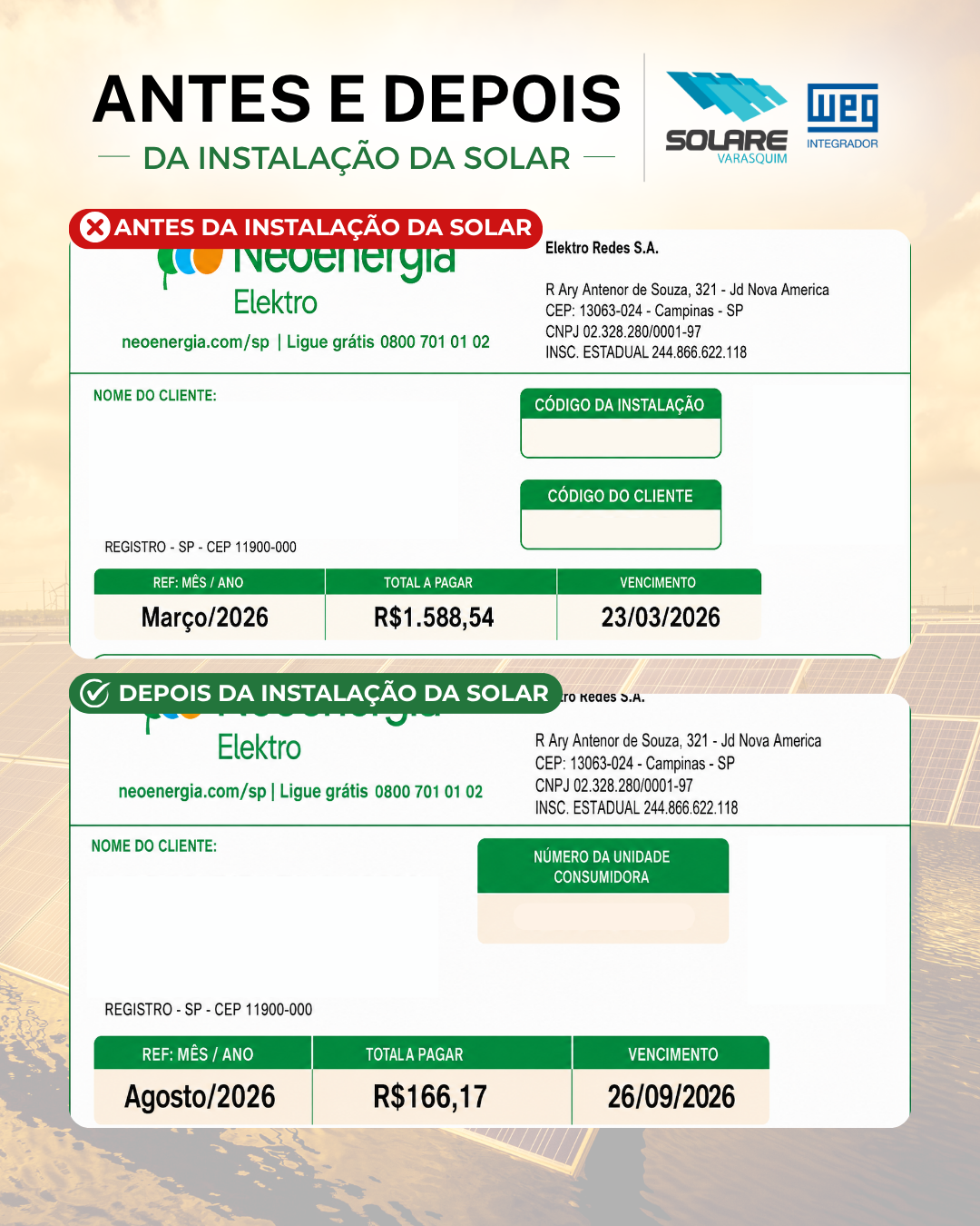Conta de luz antes e depois da instalação solar: de R$1.588,54 para R$166,17